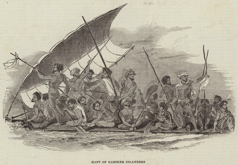 Vlot van Gambier-eilanders (gravure) door English School