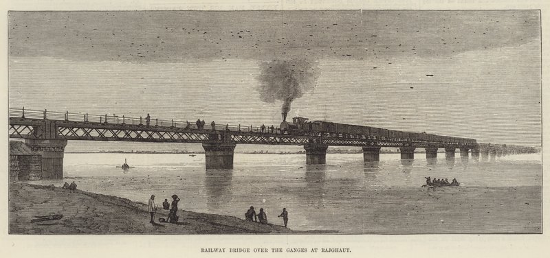 Spoorbrug over de Ganges bij Rajghaut (gravure) door English School