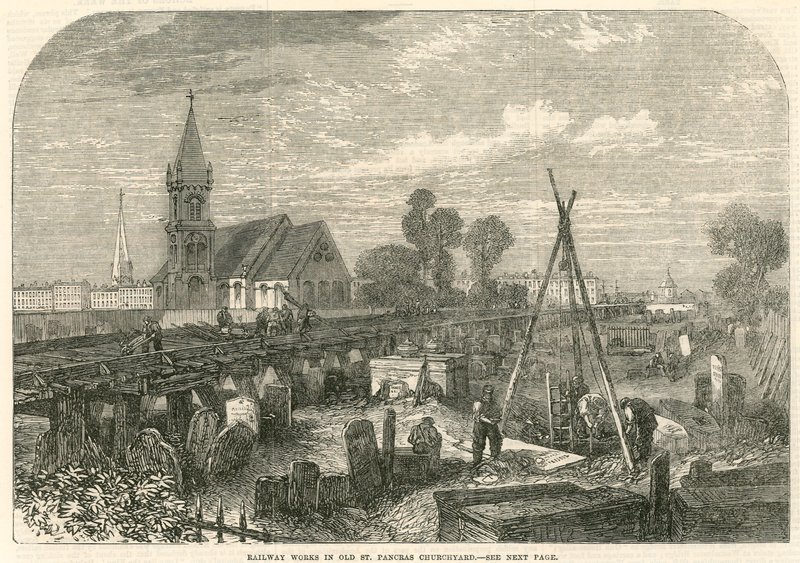 Spoorwegwerken in Old St Pancras Churchyard, Londen door English School