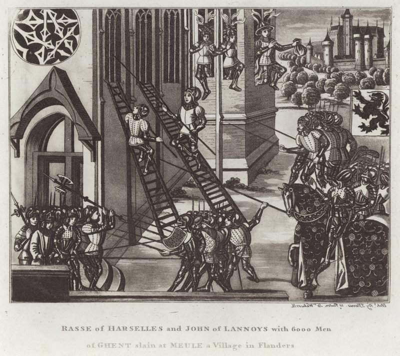 Rasse van Harselles en John van Lannoys met 6000 Mannen van Gent gedood in Meule, een Dorp in Vlaanderen door English School