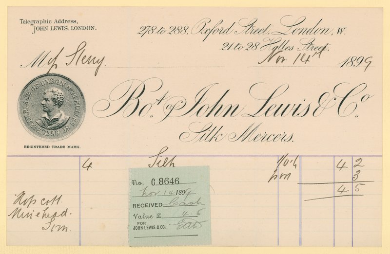 Ontvangstbewijs van John Lewis & Co., 14 november 1896 door English School
