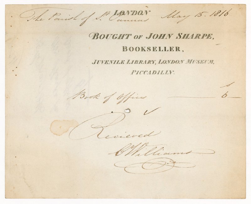 Ontvangstbewijs van John Sharpe, boekverkoper, Jeugdbibliotheek, London Museum, Piccadilly, Londen door English School