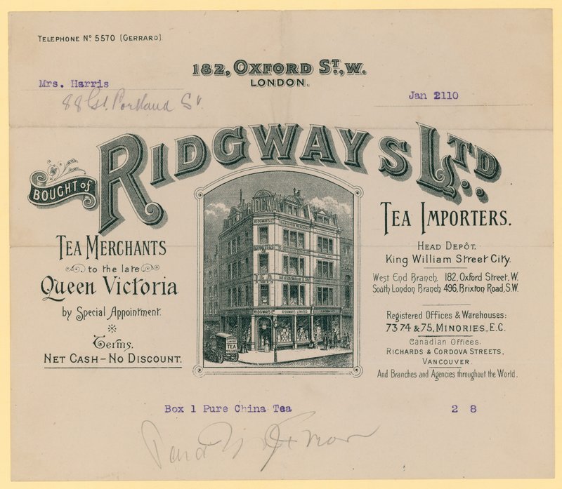 Ontvangstbewijs van Ridgways, thee-importeurs, 182 Oxford Street, Londen door English School