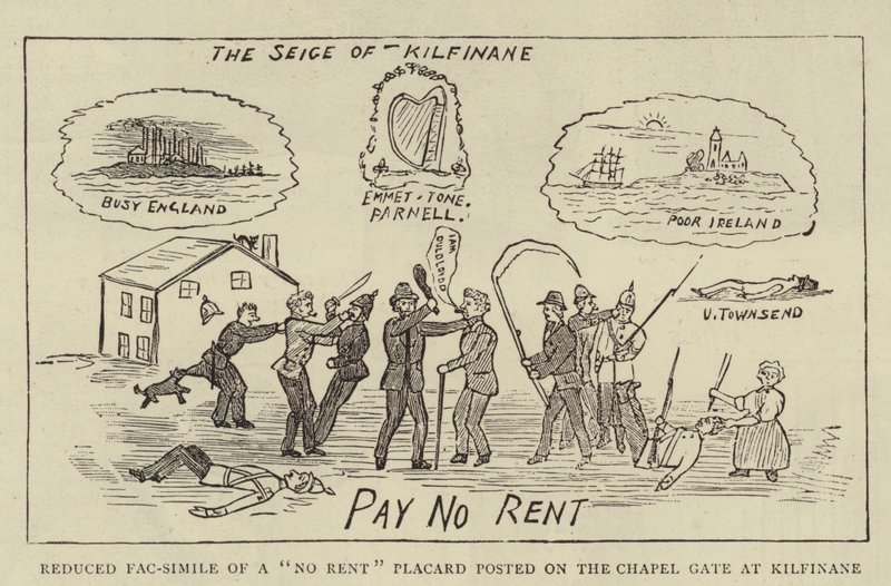 Verminderde facsimile van een "No Rent"-affiche geplaatst op de kapelpoort in Kilfinane door English School