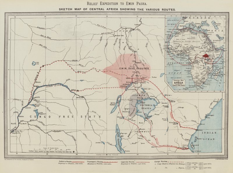Reddingsmissie naar Emin Pasha, Schetskaart van Centraal-Afrika met de Verschillende Routes door English School
