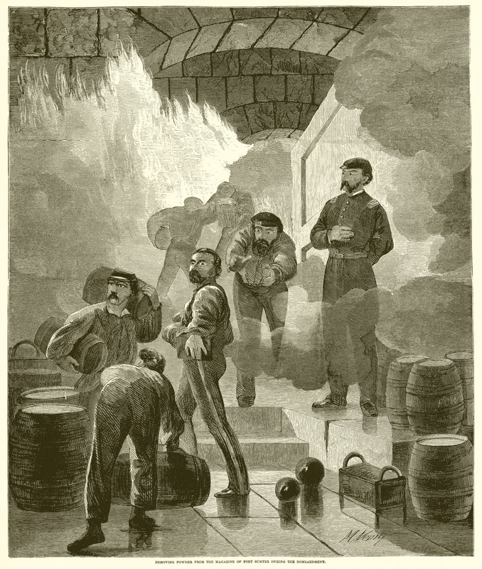 Verwijderen van buskruit uit het magazijn van Fort Sumter tijdens het bombardement door English School