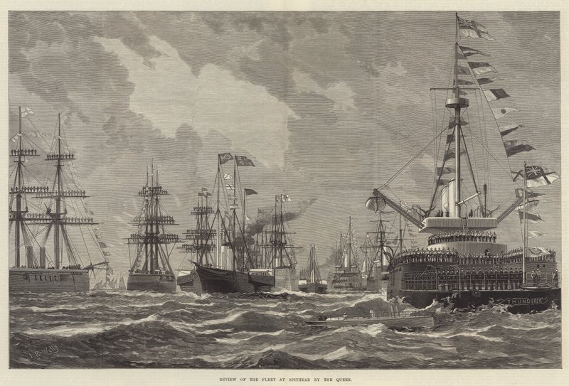 Review van de Vloot bij Spithead door de Koningin (gravure) door English School
