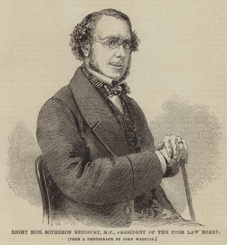 De zeer eerbiedwaardige Sotheron Estcourt, MP, voorzitter van de Poor Law Board (gravure) door English School