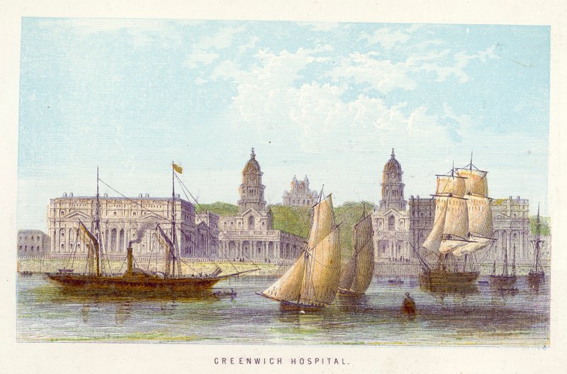 Rivier de Theems: Greenwich Hospital (gekleurde gravure) door English School
