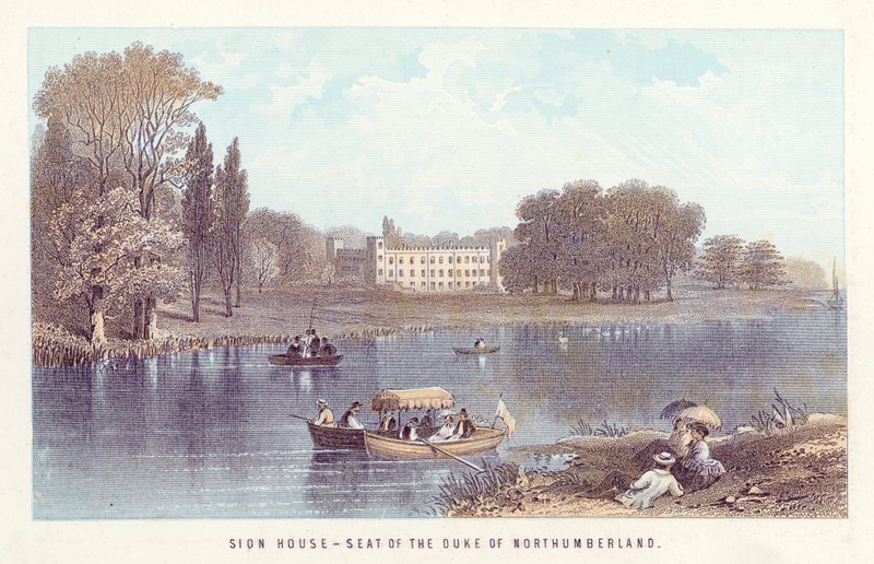 Rivier de Theems: Sion House, Huis van de Hertog van Northumberland (gekleurde gravure) door English School