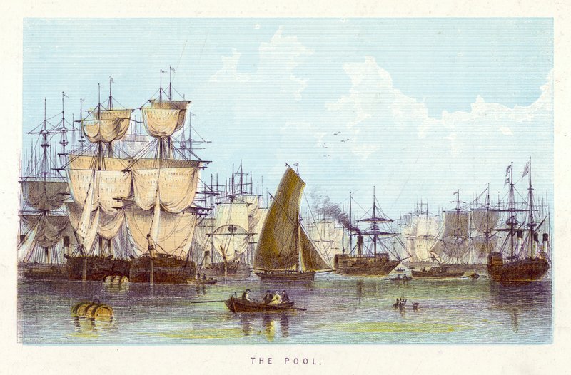 Rivier de Theems: Het Bekken (gekleurde gravure) door English School