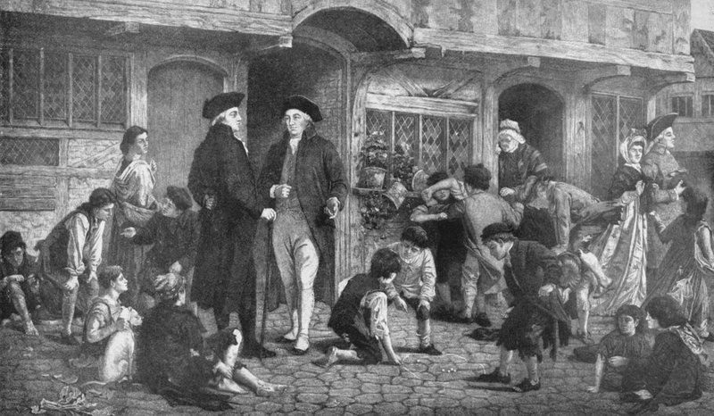 Robert Raikes, de Oprichter van Zondagscholen, en het Huis waar de Eerste Zondagschool werd Gehouden door English School