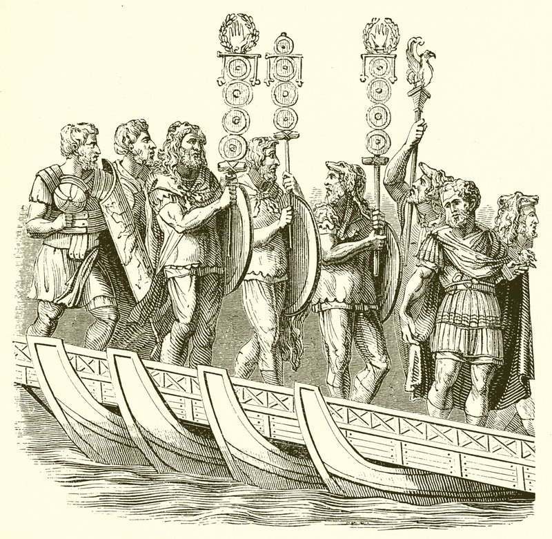 Romeinse soldaten steken een brug van boten over door English School