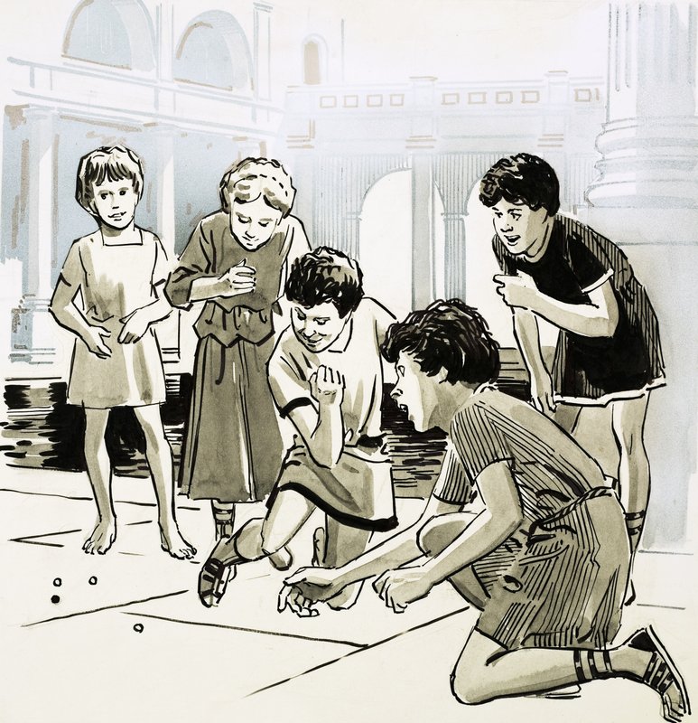 Romeinse kinderen spelen knikkers door English School