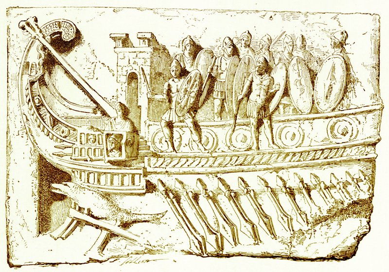 Romeinse galei, illustratie uit History of Rome door Victor Duruy, gepubliceerd 1884 door English School