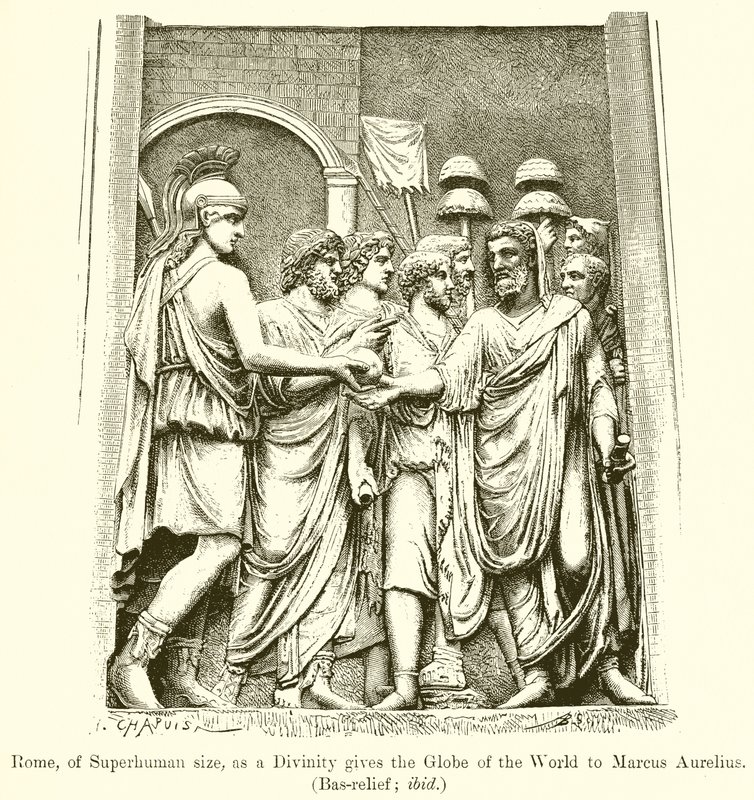 Rome, van bovenmenselijke grootte, als een godheid geeft de wereldbol aan Marcus Aurelius. (Bas-reliëf; ibid) door English School