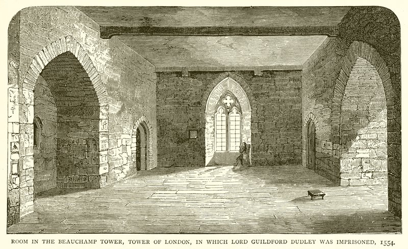 Kamer in de Beauchamp Tower, Tower of London, waar Lord Guildford Dudley gevangen zat, 1554 door English School