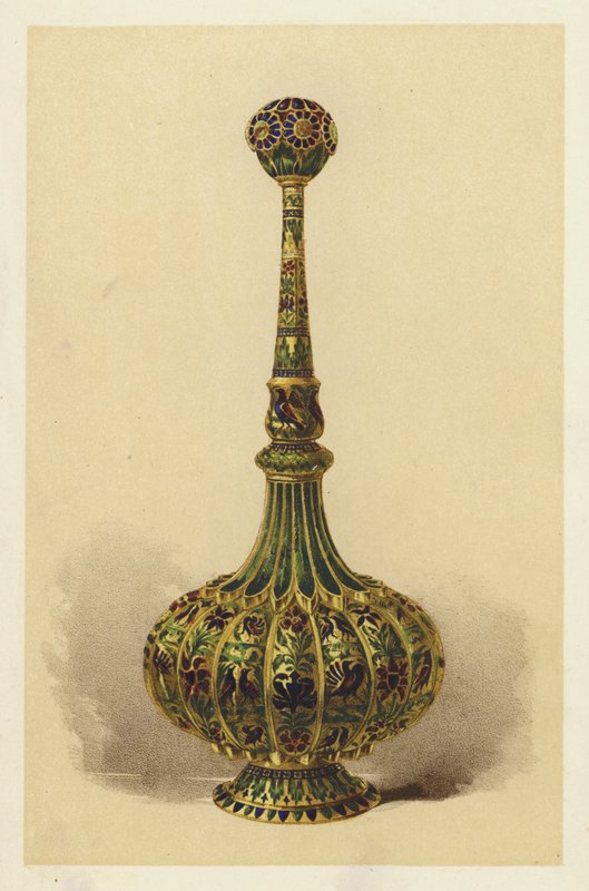 Rozenwaterfles of sproeier, in zilver verguld en geëmailleerd door English School
