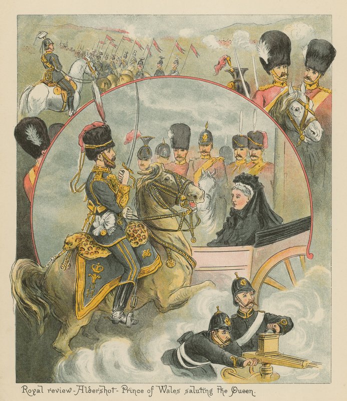 Koninklijke Review - Aldershot - Prins van Wales groet de Koningin door English School