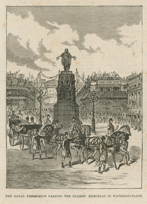 Koninklijke processie langs het Guards Memorial in Waterloo Place door English School