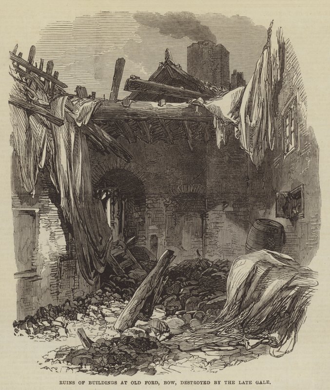 Ruïnes van Gebouwen in Old Ford, Bow, verwoest door de recente Storm (gravure) door English School