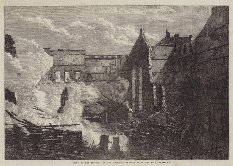 Ruïnes van het interieur van het theater van Hare Majesteit na de brand (gravure) door English School