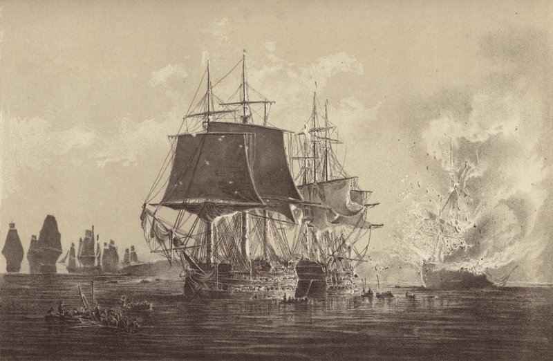 Russisch schip Vsevolod vernietigd in aanwezigheid van de Russische vloot na de actie met HMS Implacable, verbonden aan de Zweedse marine en onder bevel van kapitein Thomas Byam Martin, in de Oostzee, 26 augustus 1808 door English School