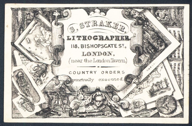 S Straker, lithograaf, handelskaart door English School