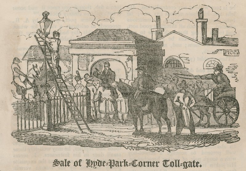 Verkoop van tolpoort (Hyde Park Tolweg), Hyde Park Corner, Londen door English School