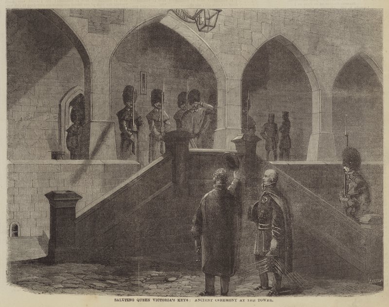 Het salueren van de sleutels van koningin Victoria, oude ceremonie in de toren (gravure) door English School