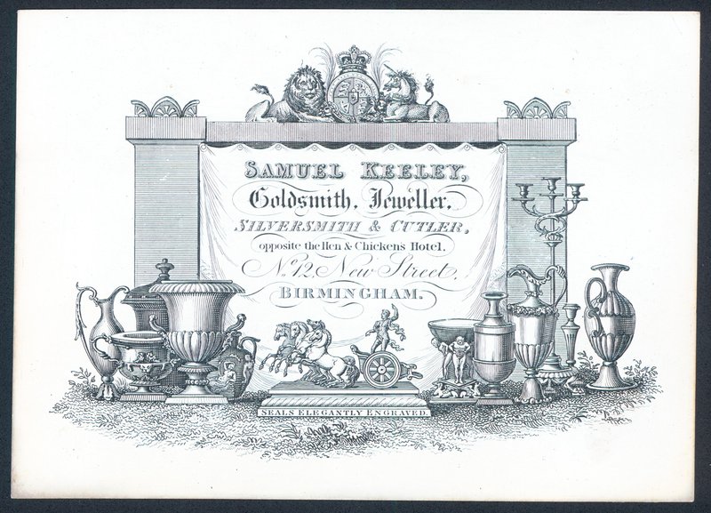 Samuel Keeley, goudsmid, juwelier, zilversmid & messenmaker, handelskaart door English School