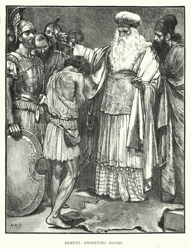 Samuel zalft David (gravure) door English School
