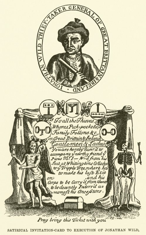 Satirische uitnodigingskaart voor de executie van Jonathan Wild (gravure) door English School