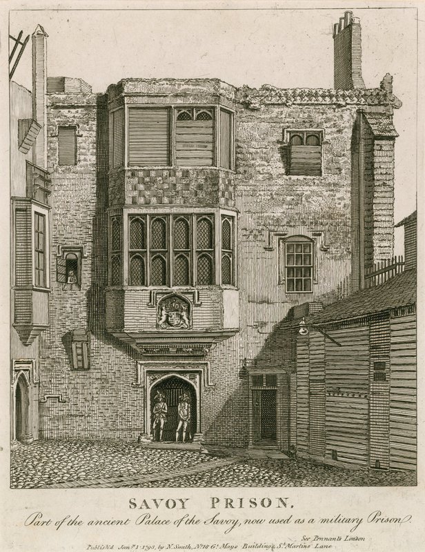 Savoy Prison, deel van het oude Paleis van de Savoy, nu gebruikt als militaire gevangenis door English School