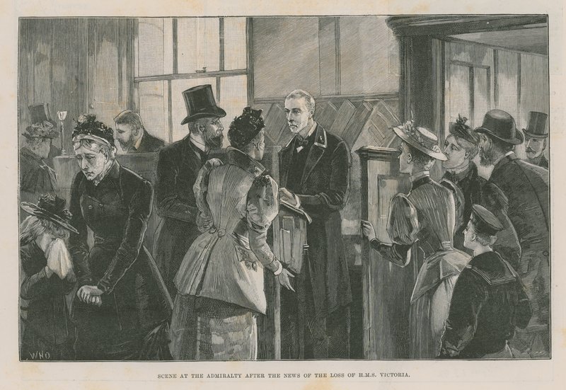 Scène bij de Admiraliteit na het nieuws van het verlies van de Victoria door English School