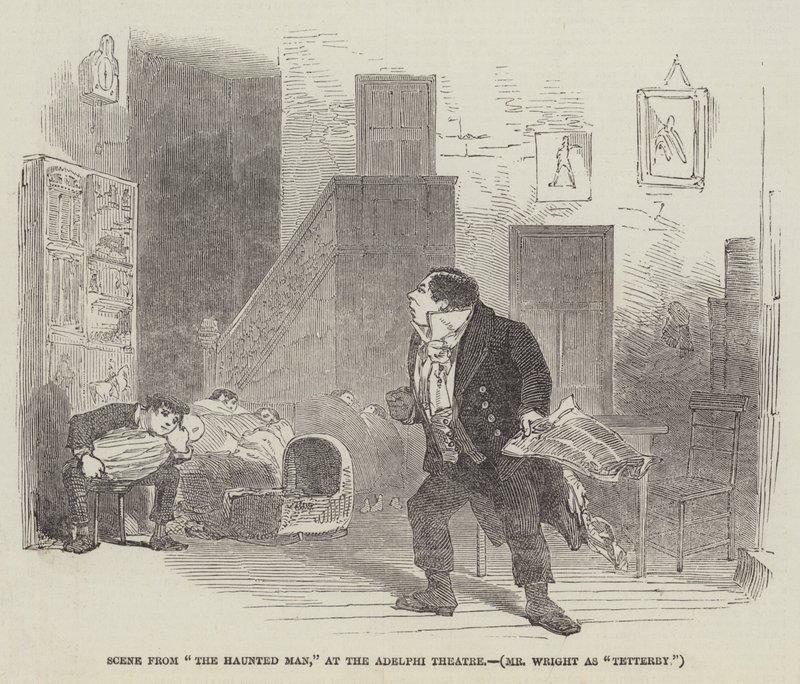 Scène uit "The Haunted Man," in het Adelphi Theatre, Mr Wright als "Tetterby" (gravure) door English School