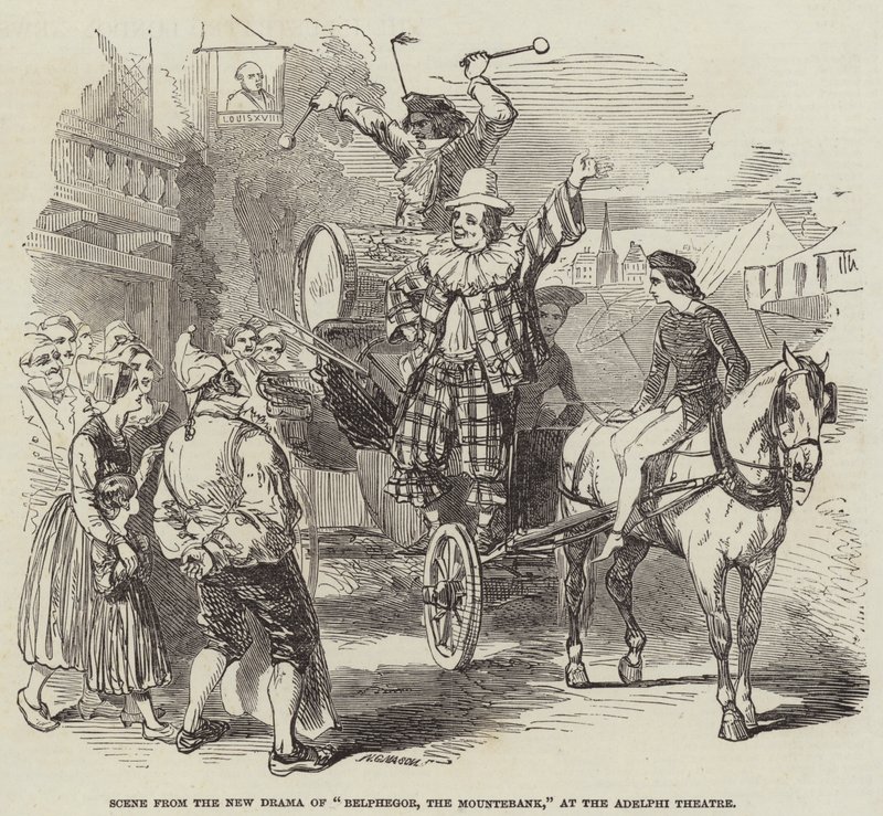 Scène uit het nieuwe drama "Belphegor, The Mountebank" in het Adelphi Theatre door English School