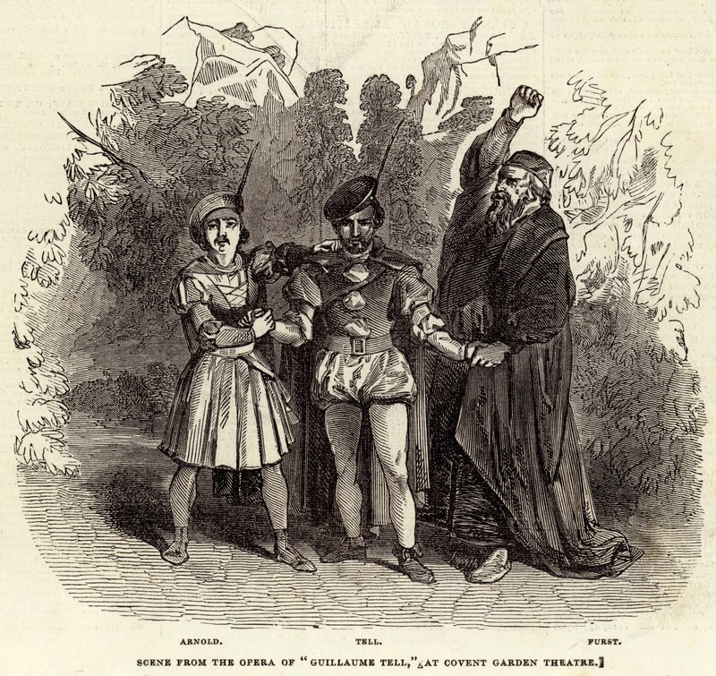 Scène uit de opera "Guillaume Tell," in het Covent Garden Theatre door English School