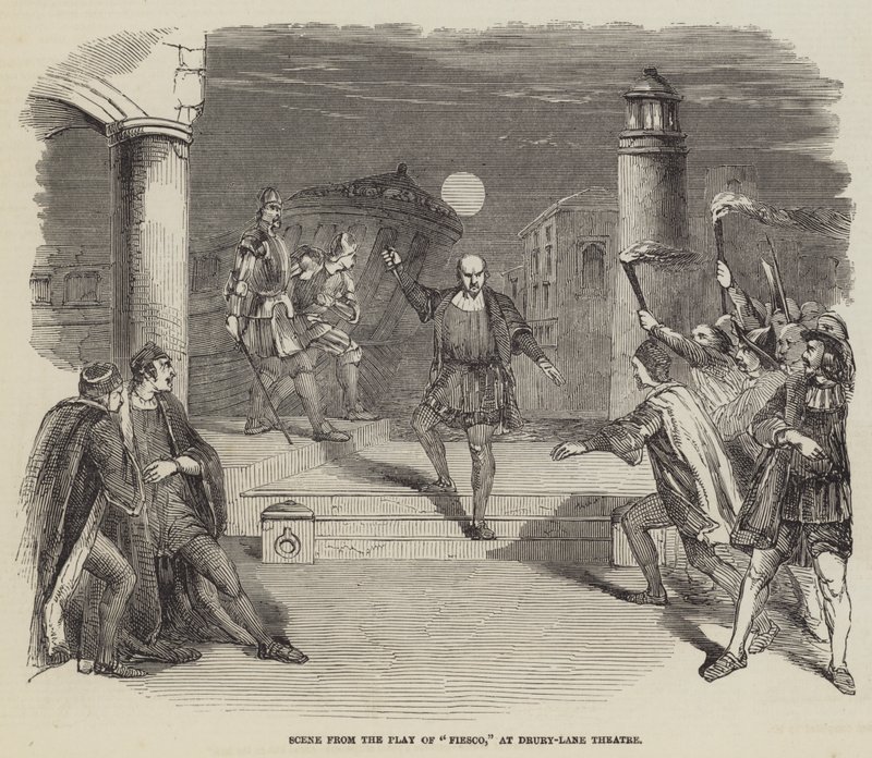 Scène uit het toneelstuk "Fiesco," in het Drury-Lane Theatre (gravure) door English School