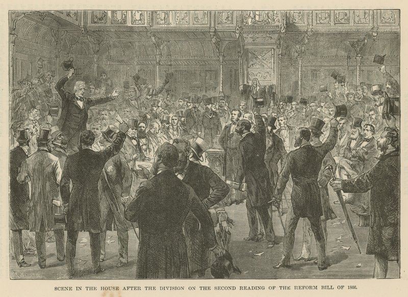 Scène in het Lagerhuis na de stemming over de tweede lezing van de Hervormingswet van 1866 door English School