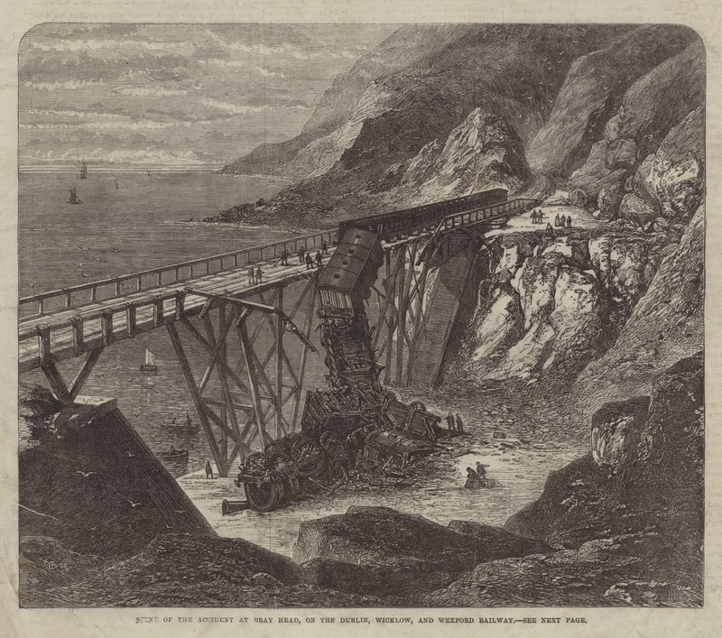 Scène van het ongeluk bij Bray Head, op de Dublin, Wicklow en Wexford Railway door English School