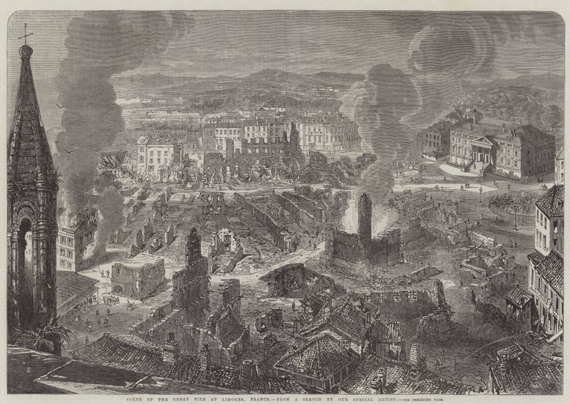 Scène van de grote brand in Limoges, Frankrijk (gravure) door English School