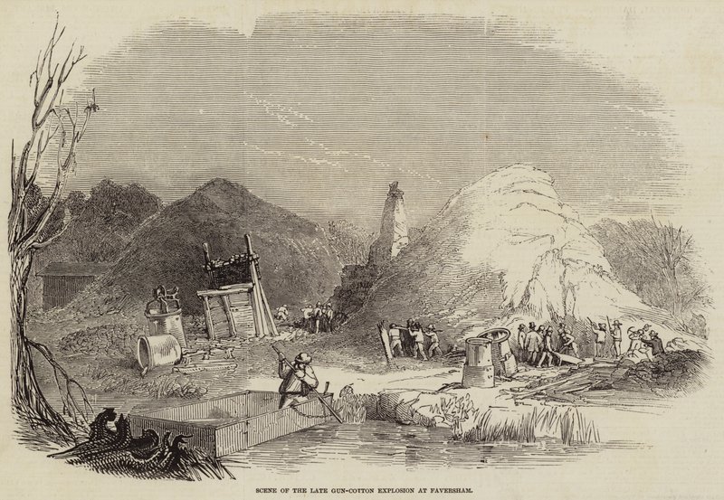 Scène van de Laatste Katoenexplosie in Faversham (gravure) door English School