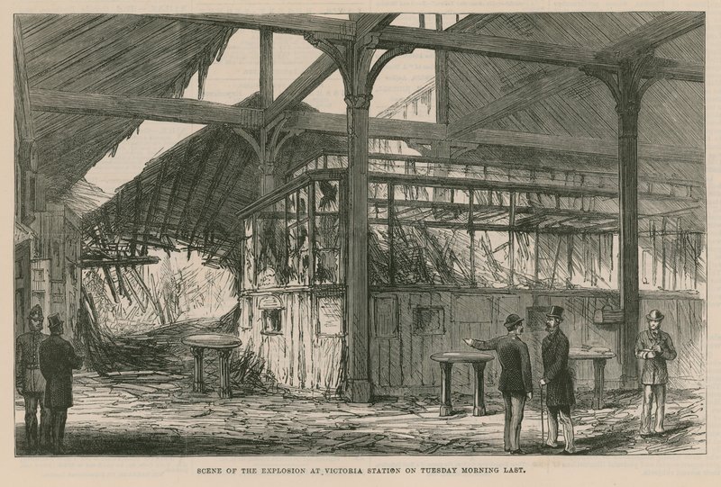 Plaats van de explosie op Victoria Station afgelopen dinsdagmorgen, 1884 door English School
