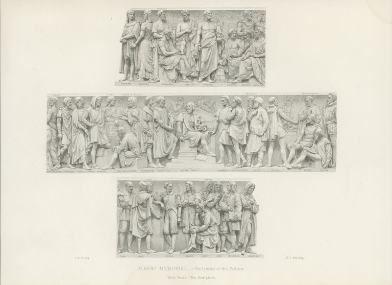 Sculpturen op het podium van het Albert Memorial (gravure) door English School