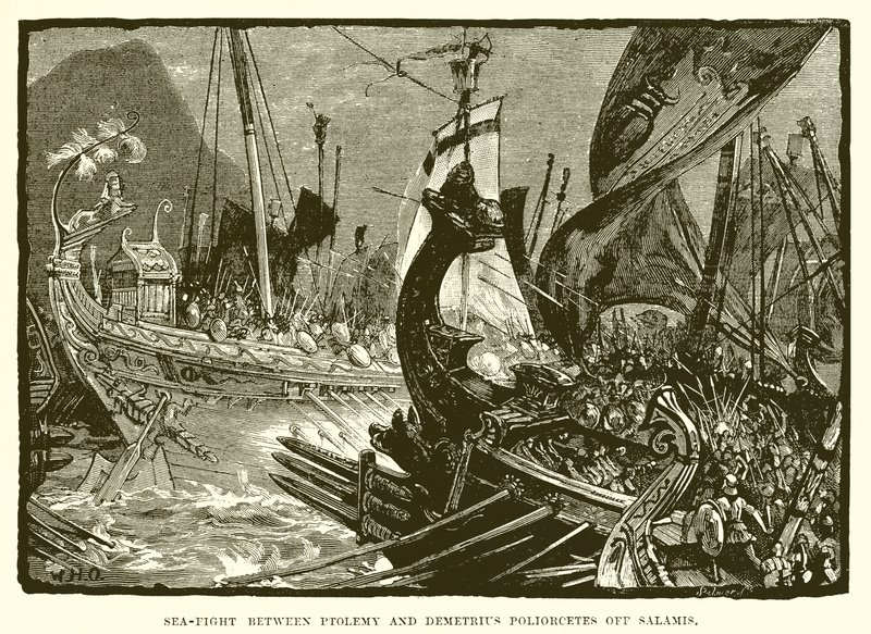 Zeeslag tussen Ptolemaeus en Demetrius Poliorcetes bij Salamis door English School