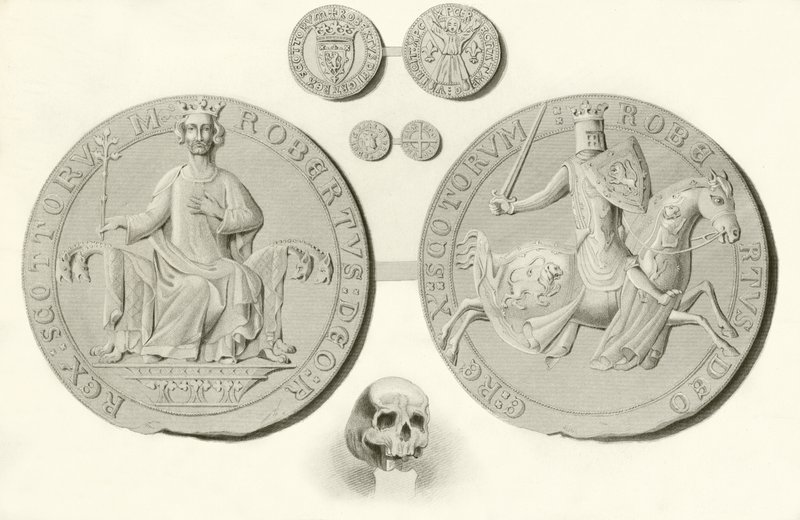 Zegel, munten en schedel van koning Robert Bruce door English School