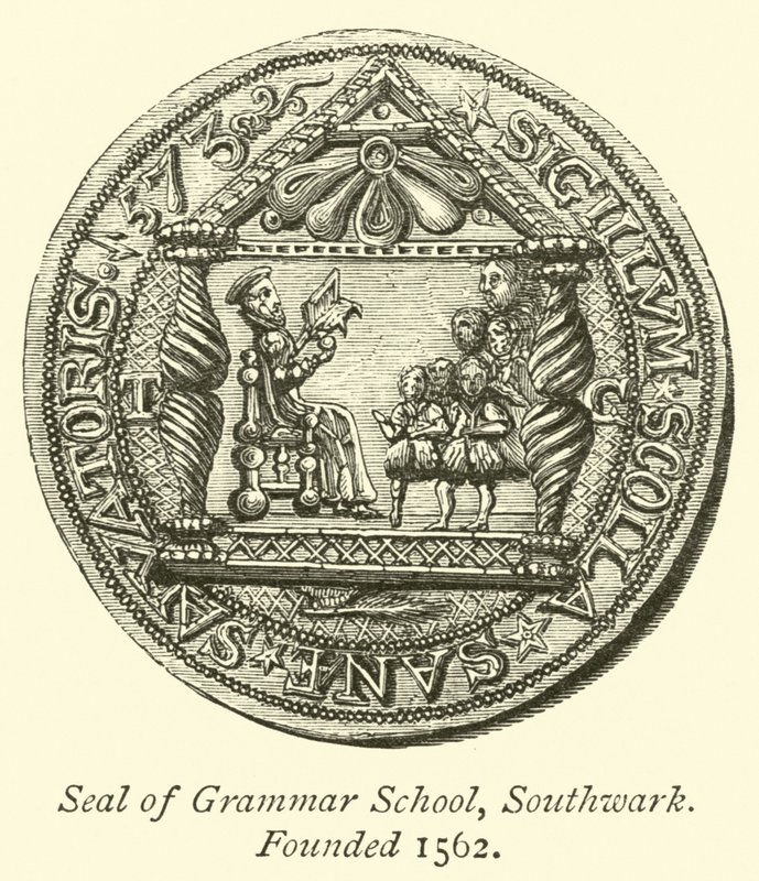 Zegel van Grammar School, Southwark, opgericht 1562 door English School