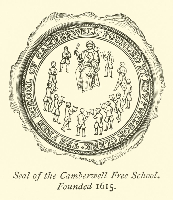 Zegel van de Camberwell Vrije School, Opgericht 1615 door English School