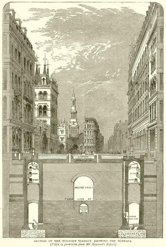 Doorsnede van het Holborn Viaduct, met de metrolijnen door English School